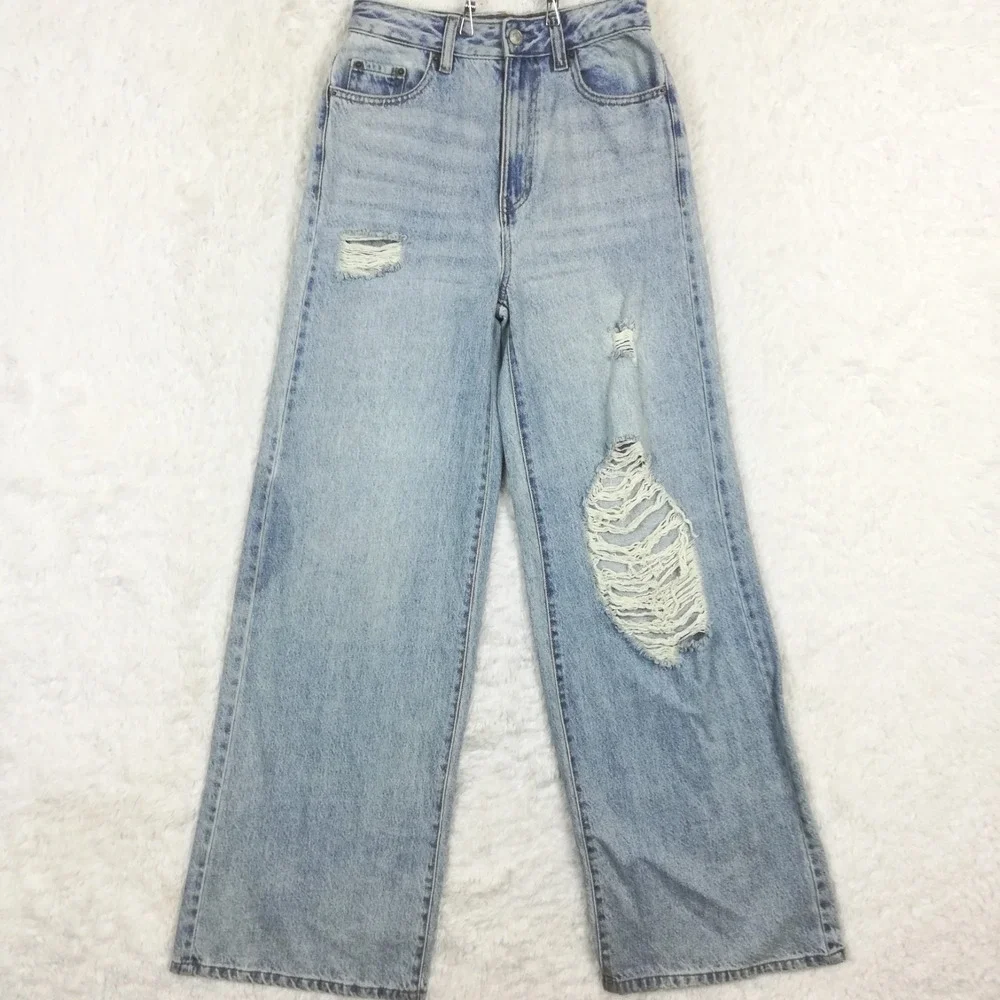 Pacsun‎ Womens Jeans Puddle Wide Leg High Rise Blue Denim Distressed Light 24